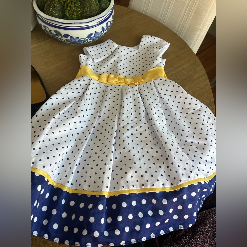 Jona Michelle White Dress with Navy Polka Dots size 7